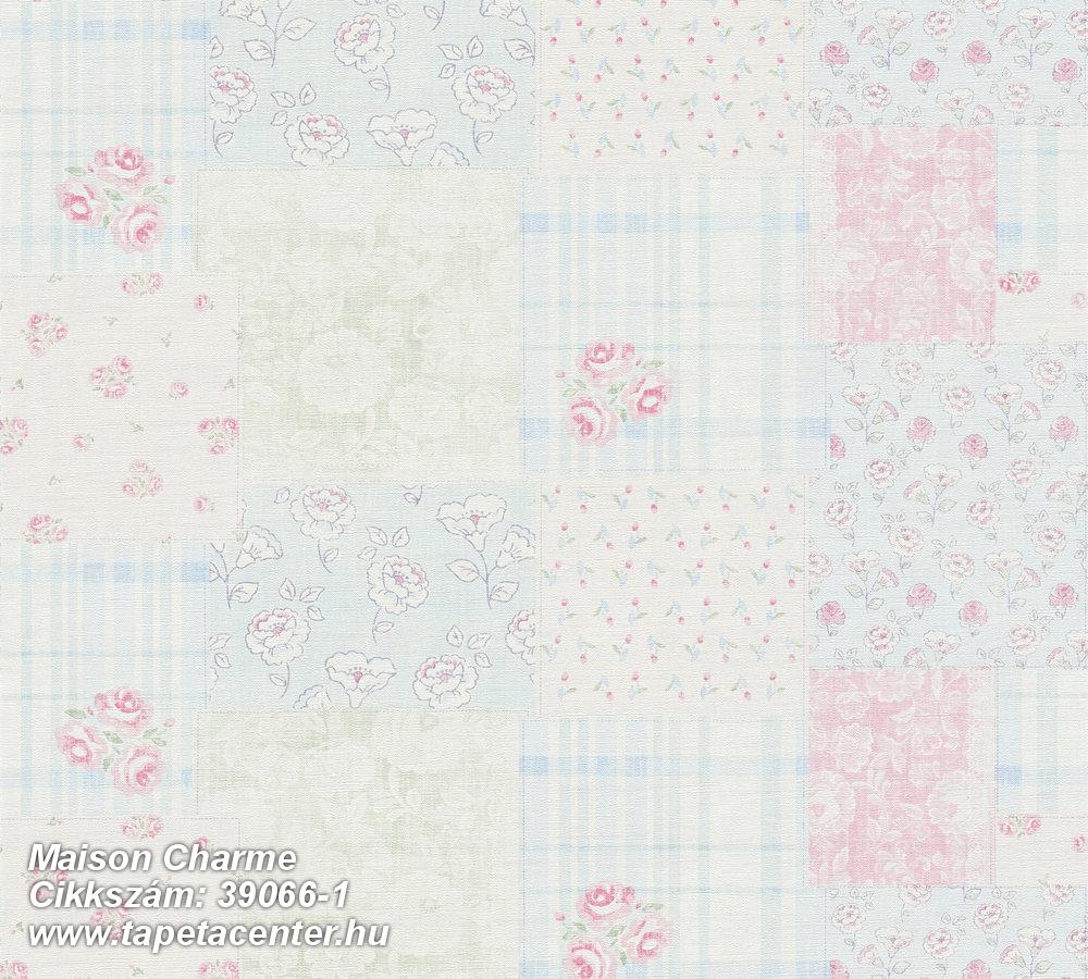 Retro,textil hatású,textilmintás,virágmintás,fehér,kék,pink-rózsaszín,súrolható,vlies tapéta 